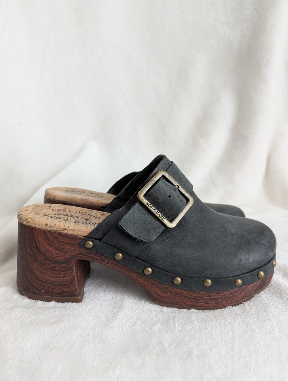 Kork-Ease Tania Studded Platform Block Heel Clogs In Charcoal Suede Leather 7